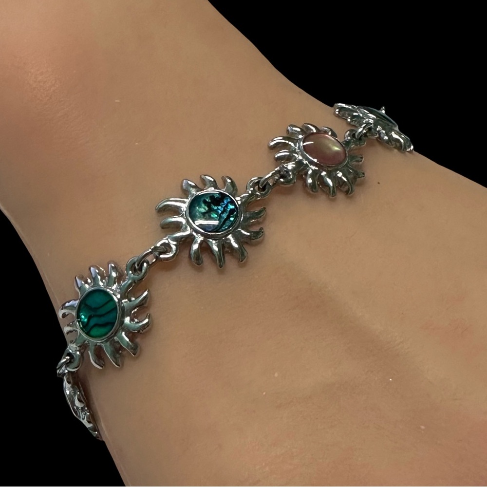 Sunburst Silver Tone Charm Bracelet With Multicolor Gemstones